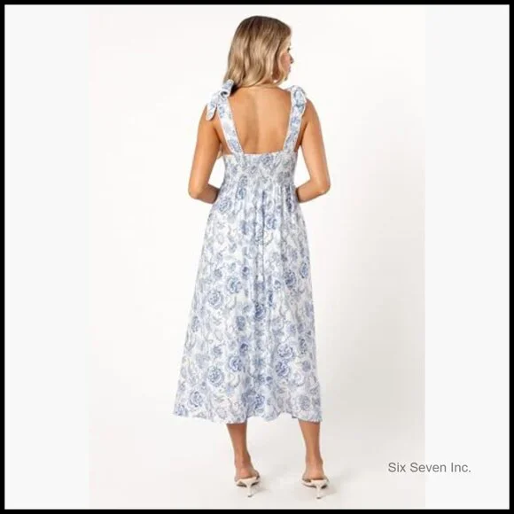 Midi Dress with Adjustable Tie Shoulder Straps and Side Pockets